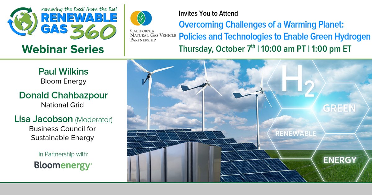 CNGVP_news's tweet photo. Join us on 10/7 at 10 am PT for the next #RenewableGas360 webinar, in partnership with @Bloom_Energy, to learn how hydrogen can help decarbonize hard to decarbonize sectors &amp; how policies can help scale up renewable hydrogen and promote fuel cells. 

https://t.co/dcE4ITyNO8 https://t.co/N4Carjg66C