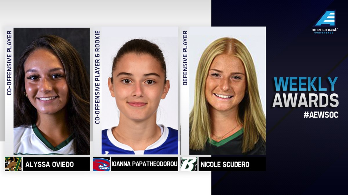 AmericaEast's tweet photo. #AEWSOC week 7 awards

Co-Offensive Player: Alyssa Oviedo, @UVMwsoccer 
Co-Offensive Player &amp; Rookie: Ioanna Papatheodorou, @RiverHawkWSOC 
Defensive Player: Nicole Scudero, @BinghamtonWSOC 

Full release: https://t.co/fYrCbAuyKB https://t.co/79CoEGk2Wt