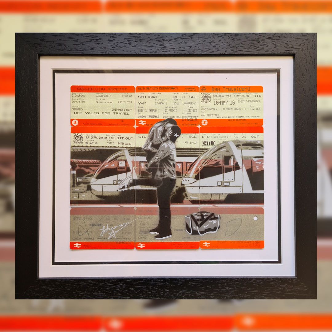 Upfest's tweet photo. We've got these amazing new pieces down at the gallery by @JohnmanSpraycan. 

Created with spray paint, acrylic ink on a collage of original train tickets. Great stuff 🙌🙌🙌

https://t.co/3dKksvFwZh

#StreetArt #SprayPaint https://t.co/1x17jH4byH