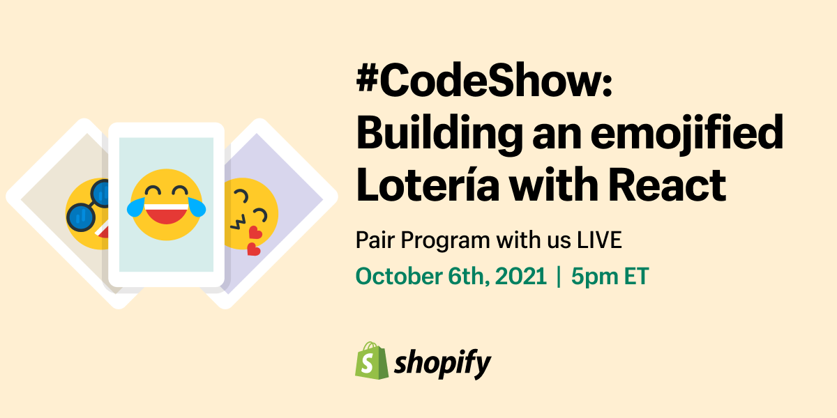 ShopifyEng's tweet photo. 📆 Don't miss #CodeShow on Wednesday!
Follow @xnt & @The_NaoX as they pair and answer your questions live while recreating the traditional Mexican game, Lotería as a React web app.
Get notified when when this episode is live: https://t.co/cAMiyzvruz https://t.co/nn38jqjaeU