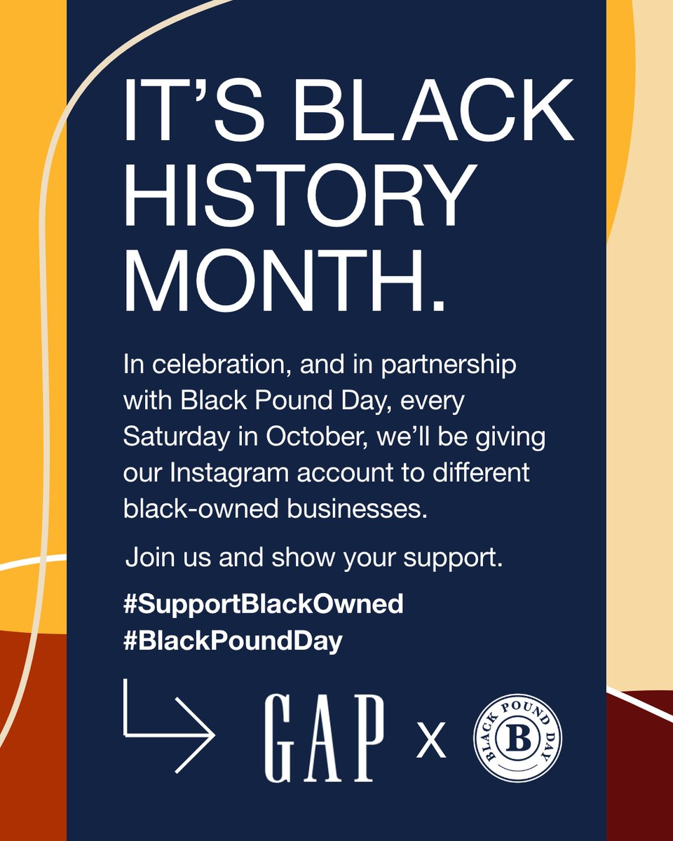 October marks UK #BlackHistoryMonth. 

In celebration, and in partnership with <a href="/BlackPoundDay/">BlackPoundDay</a>, every Saturday in October, we’ll be giving over our Instagram channel to different black owned businesses: instagram.com/ukgap/

#SupportBlackOwned #BlackPoundDay