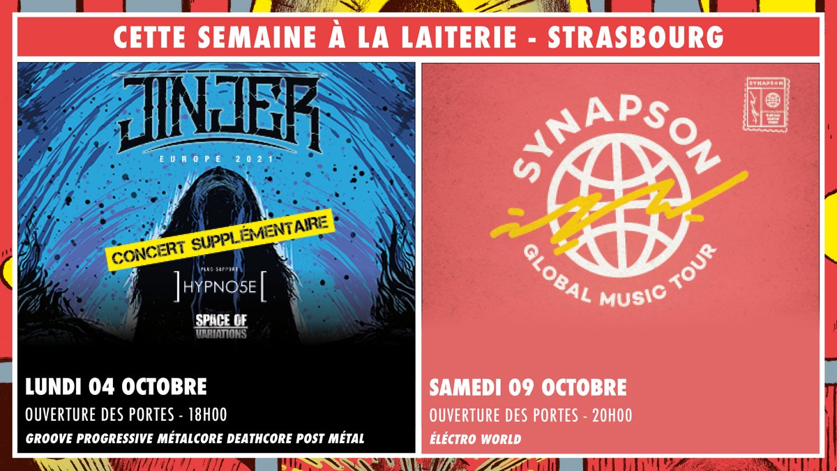 Cette semaine à La Laiterie / Strasbourg : 
Ce soir : <a href="/jinjerofficial/">JINJER</a>  + <a href="/Hypno5e/">Hypno5e</a>  + @SpaceOfVariations 
Samedi : <a href="/synapson/">SYNAPSON</a> 
Informations complètes et billetterie &gt; artefact.org/la-laiterie/pr…