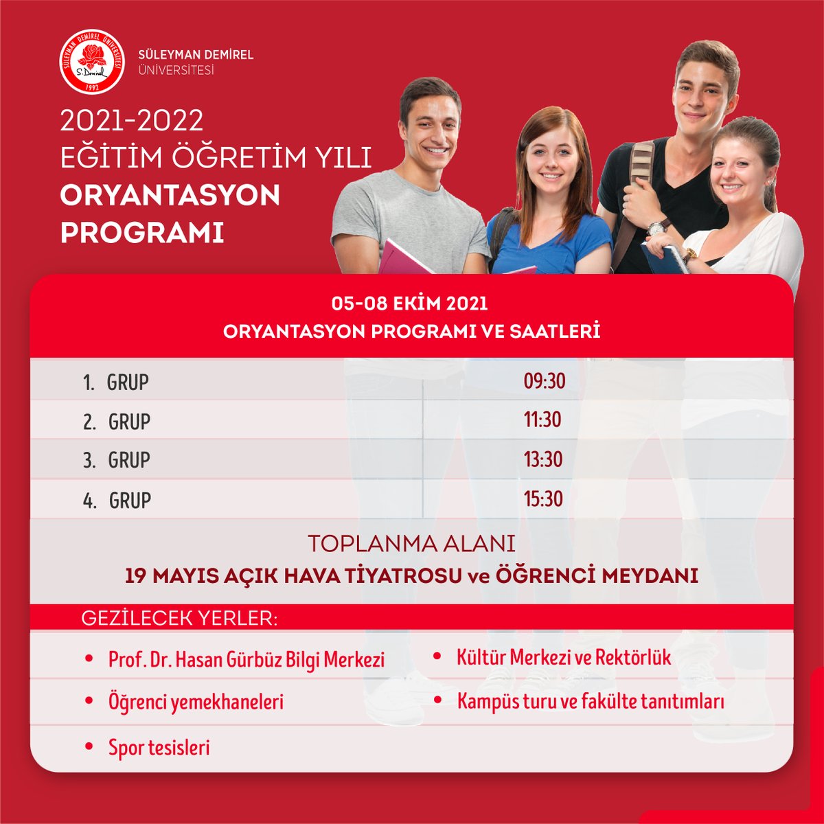 Yeni Öğrencilerimiz İçin Bilgilendirme Gezisi 📢
 
Programa katılacak öğrenciler, 5-8 Ekim tarihleri arasında 19 Mayıs Açık Hava Tiyatrosu ve Öğrenci Meydanında toplanacak ve görevlendirilen personel eşliğinde belirtilen saatlerde birimleri ziyaret ederek bilgi alacak.