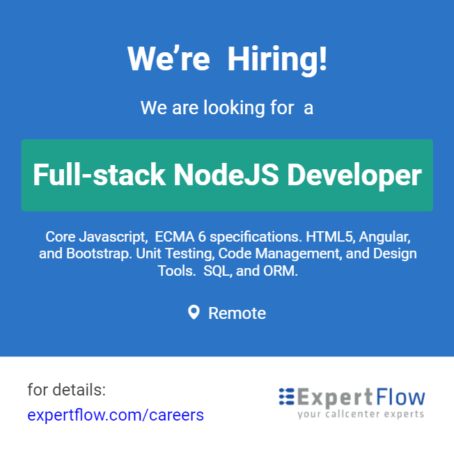 Expertflow's tweet image. Expertflow is hiring a &quot;Full-stack NodeJS Developer&quot; with 1-4 years of hands-on Software Development experience. 

Learn more: bit.ly/3Fr1QTE

#jobs #nowhiring #expertflow
