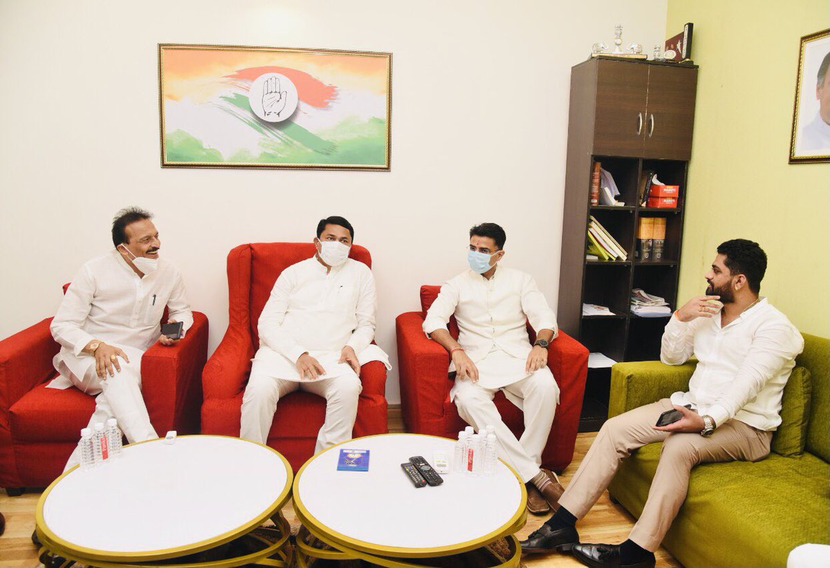 SurajThakurINC's tweet photo. Today welcomed our former Union Minister of India Shri. @SachinPilot Sahab in Mumbai in the presence of @INCMaharashtra Sh. Nana Patole ji , @INCMumbai President Sh.@BhaiJagtap1 ji &amp; WP Charan Singh Sapra ji later we had a discussion over the political discourse in the country. https://t.co/7urVAfz2pd