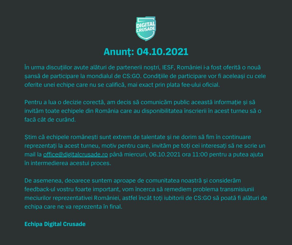 digital_crusade's tweet photo. Call for TEAMS: Great news! România primește o nouă șansă la mondialul de CS:GO! https://t.co/LAnoTMQOio