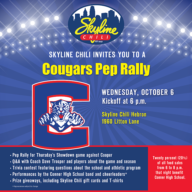 xtownshowdown's tweet image. Hey @ConnerCougars fans! We&apos;ll see you at the Hebron @Skyline_Chili this Wednesday from 6-8pm for the official Cougars pep rally as we get the football team ready for Thursday&apos;s game against Cooper! @ConnerCSection @ConnerATC @ConnerHigh @chsprincipal90