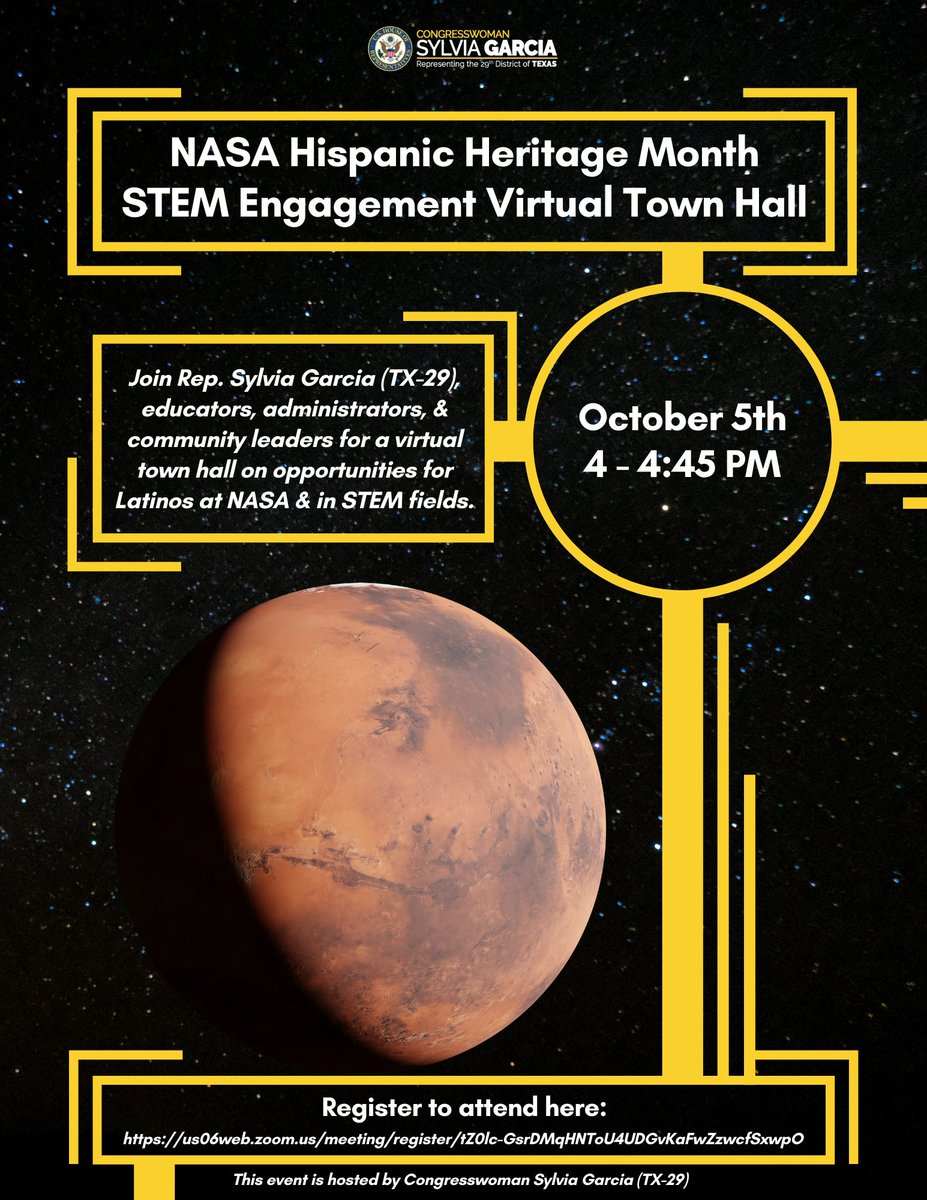 Join me &amp; <a href="/NASA/">NASA</a> officials tomorrow for a virtual town hall on opportunities for Latinos &amp; Latinas in STEM fields!

If you are a young Latino especially, don't miss out on the resources that can help you reach for the stars!

Join us tomorrow @ 4 PM here:
us06web.zoom.us/meeting/regist…