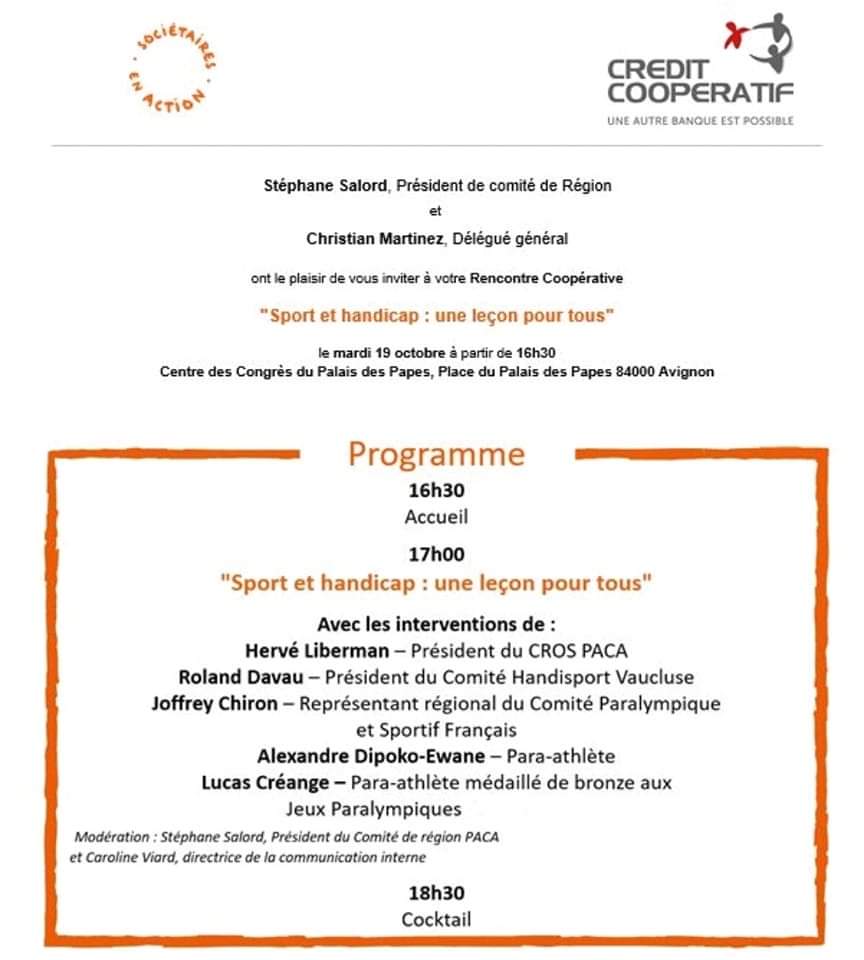 Venez partager un moment exceptionnel sur le thème  " Sport et Handicap une leçon pour tous".
On vous attend nombreux le  19 octobre 2021 à  partir de 16H30 au Centre des congrès - Palais des Papes - 84000 AVIGNON

Inscription : 
lnkd.in/e6heB-ia