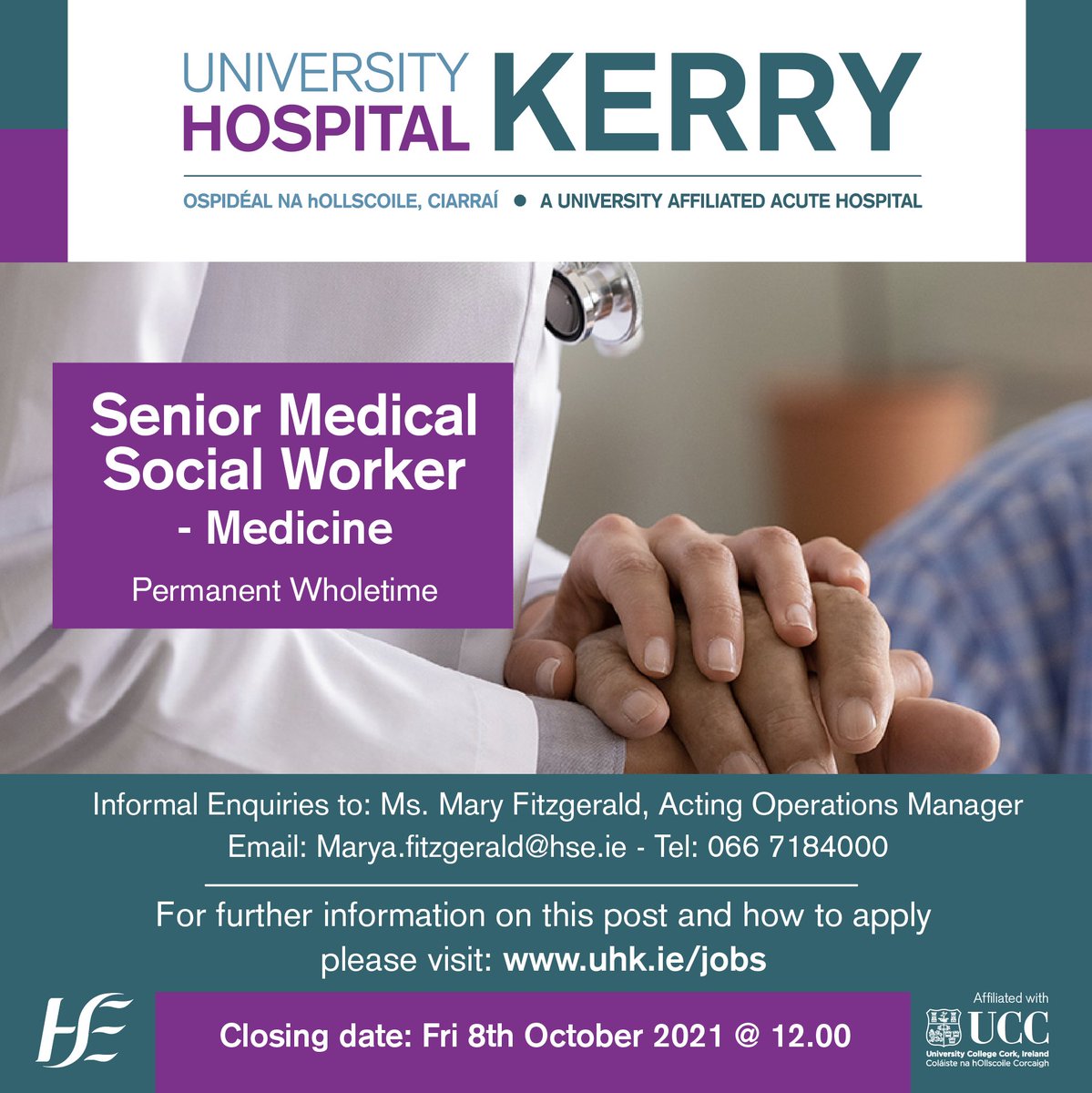 hospital_kerry's tweet photo. SOCIAL WORKER POSITIONS
We have three Senior Medical Social Worker Positions open in UHK
- Pediatrics
- Acute Floor/Children First
- Medicine
CLOSING DATE FOR APPLICATIONS: Friday 8th October next
Full details on how to Apply are on: https://t.co/o0wHyvh0dK
#WorkInUHK https://t.co/HPb7DSsX4Z