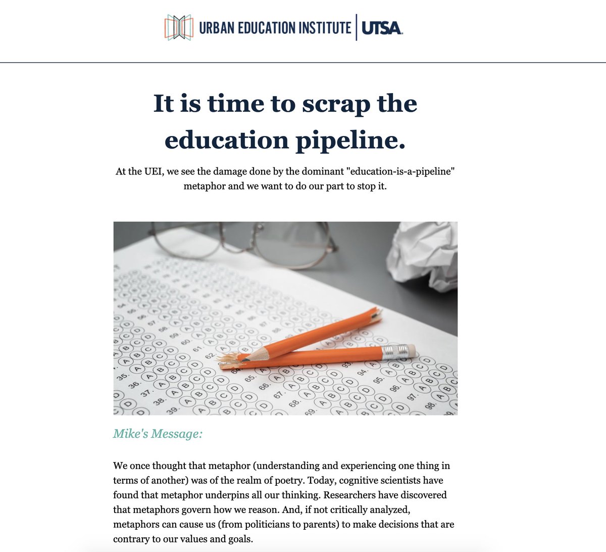 At the UEI, we see the damage done by the dominant "education-is-a-pipeline" metaphor and we want to do our part to stop it. Read more and tell us what metaphors you think are a better way to think about education: mailchi.mp/483ee4eeb82f/i…