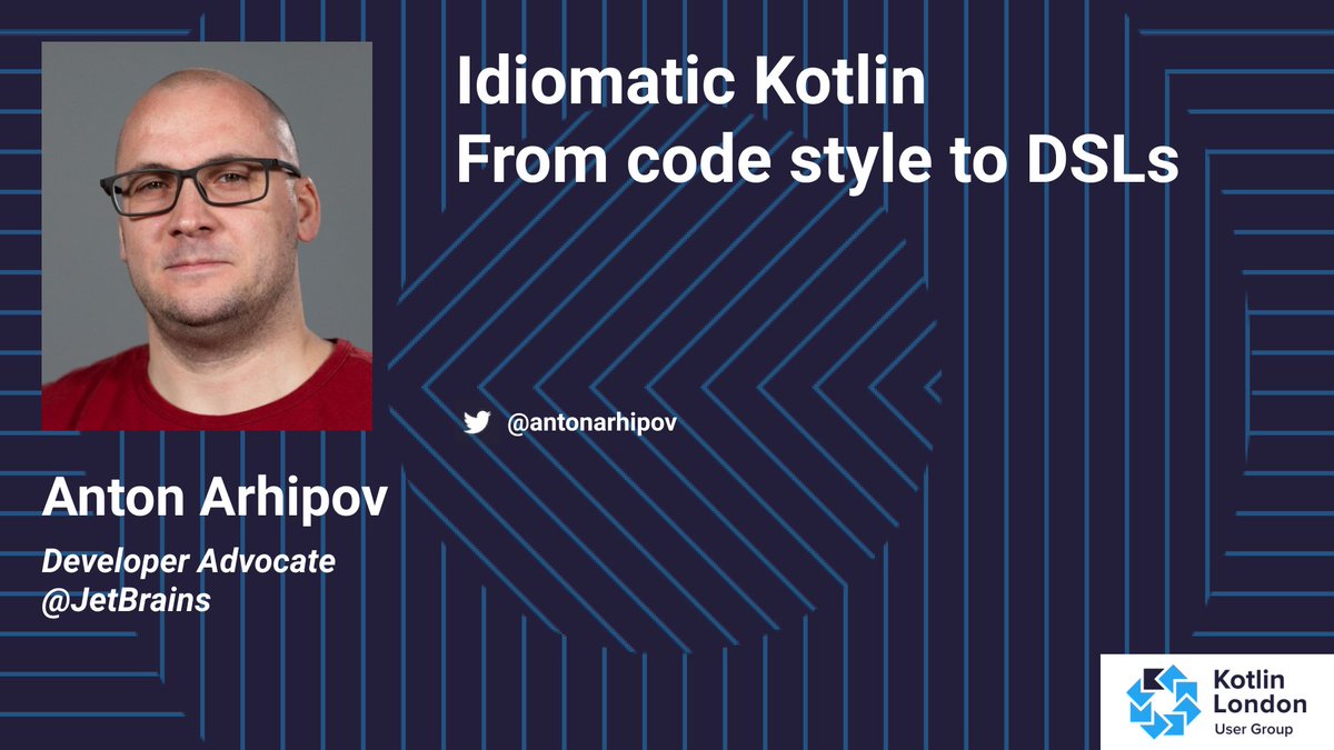 On Wednesday <a href="/antonarhipov/">Anton Arhipov</a> from <a href="/jetbrains/">JetBrains</a> will talk about "Idiomatic #Kotlin - from code style to DSLs" buff.ly/3B58lc0
