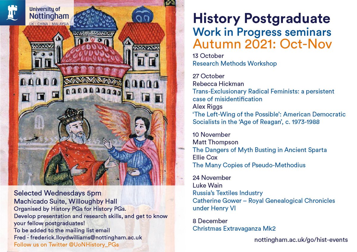 UoNHistory_PGs's tweet photo. 🎉Work in Progrress Schedule Alert🎉

A brand new semester of WiPs filled with fascinating papers! Back to IN PERSON this year in the Machicado Suite at 5pm. Can’t to see you all there 🥳 https://t.co/XDgMtYV1os