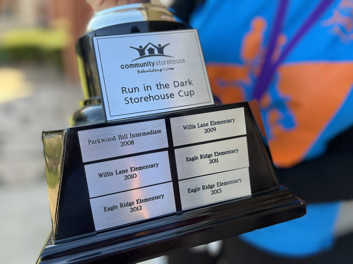 Today, <a href="/cstorehouse/">Community Storehouse</a> honored this year’s Community Storehouse Cup winners – @TimberviewMS and <a href="/EagleRidgeKISD/">Eagle Ridge KISD</a>! For the 10th year in a row, they each had the highest percentages of Run in the Dark participants. Thank you to everyone who has supported the Storehouse! #CelebrateKISD