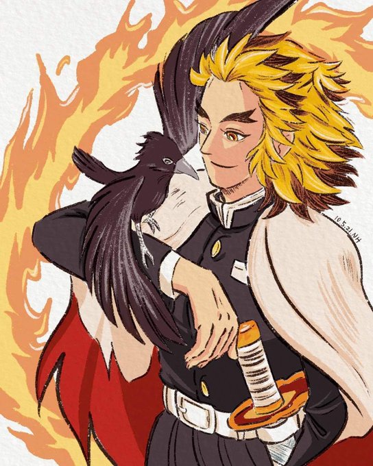 Nadia HsiehさんがTwitterに投稿した煉獄杏寿郎(鬼滅の刃)のイラスト。