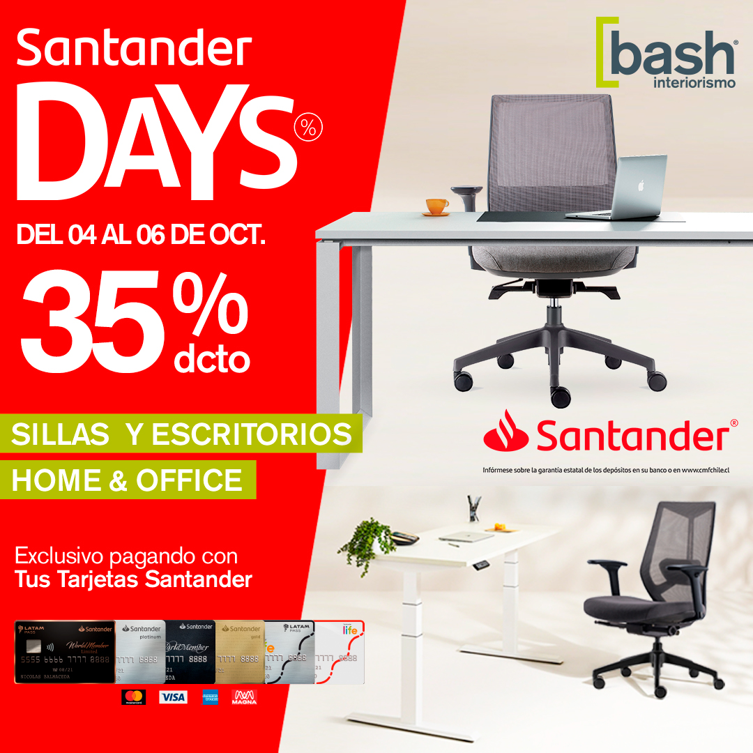 Bash Chile (@bashchile) on Twitter photo ¡Somos parte de #SantanderDays! Desde el 04 al 06 de octubre, 35% dcto en sillas y escritorios de nuestra tienda online #BashStore lnkd.in/eFfPVhr. Exclusivo pagando con Tus Tarjetas Santander.
Escríbenos a sillas@bash.cl ó muebles@bash.cl
Llámanos al +56 9 9323 5607 ¡Somos parte de #SantanderDays! Desde el 04 al 06 de octubre, 35% dcto en sillas y escritorios de nuestra tienda online #BashStore lnkd.in/eFfPVhr. Exclusivo pagando con Tus Tarjetas Santander.
Escríbenos a sillas@bash.cl ó muebles@bash.cl
Llámanos al +56 9 9323 5607