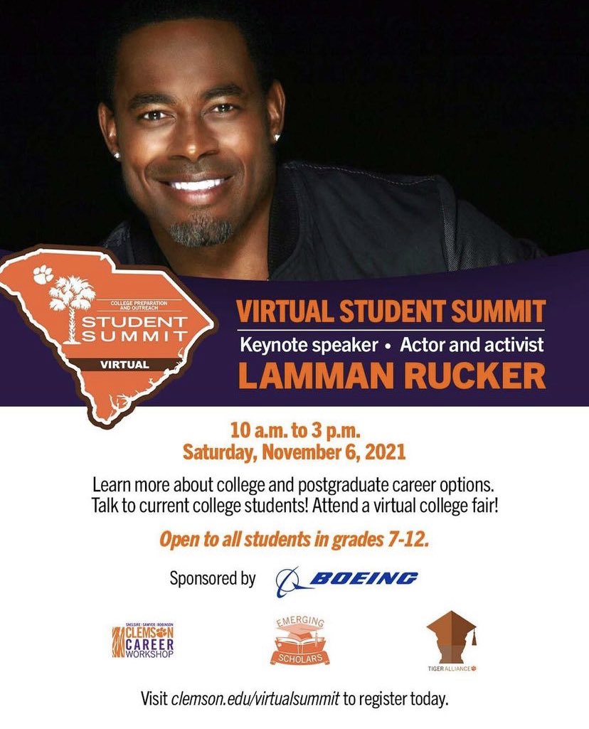 Registration for our 11/6 Virtual Student Summit is now open for all 7-12th graders! This summit, co-sponsored by <a href="/Boeing/">The Boeing Company</a>, will educate, inspire &amp; empower students through interactive sessions &amp; keynote speaker <a href="/LammanRucker/">🎭ACTOR LAMMAN RUCKER</a>. Register here: clemson.edu/virtualsummit #ClemsonCPO