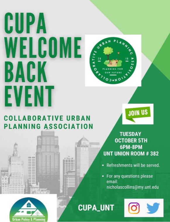 Join us tomorrow for the <a href="/CUPA_UNT/">CUPA</a> Welcome Back Event! 🚨 🏙
<a href="/UNTUrbanPlanner/">UNT Urban Policy & Planning B.A.</a>