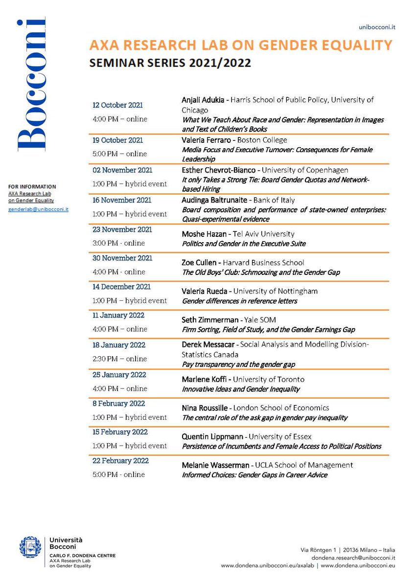 Paola_Profeta's tweet image. Amazing seminar series at the AxaResearchLab on Gender Equality @DondenaCentre @Unibocconi Join us! @AXAResearchFund @AXAItalia
