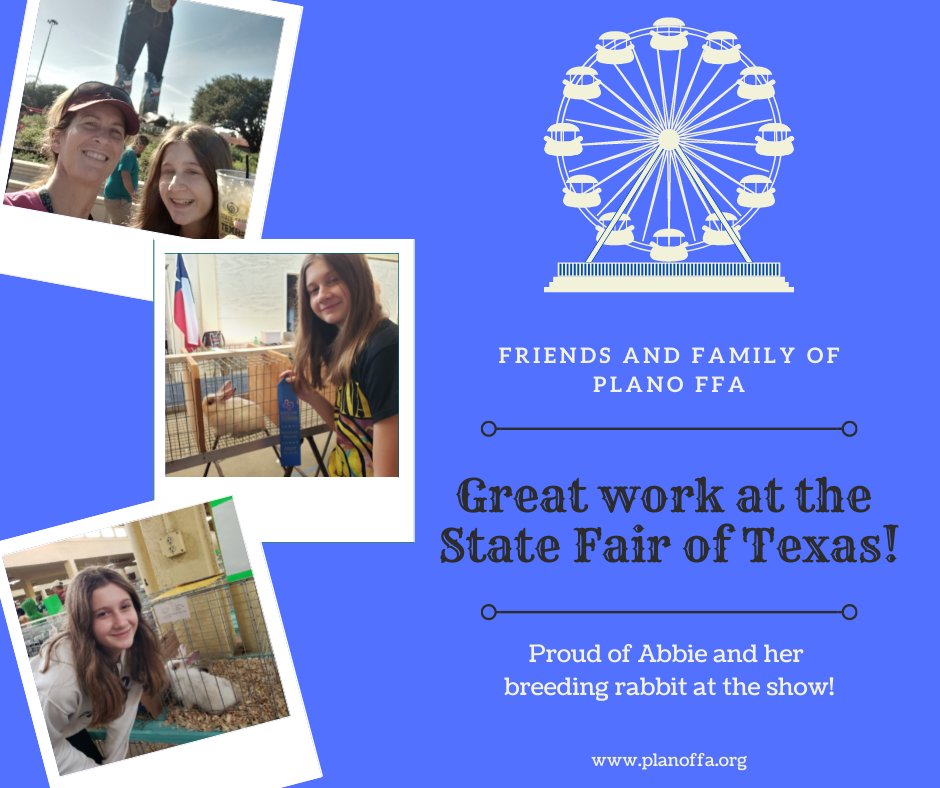 Abbie and her breeding rabbit had a great show!  The <a href="/StateFairOfTX/">State Fair of Texas</a> visitors enjoyed visiting the rabbit barn and learning about the different breeds. With your support, you not only help our members but you help share ag knowledge with our community.  #PlanoFFA