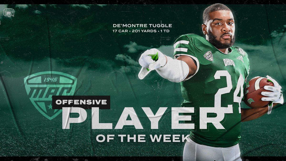 OhioFootball's tweet photo. MAC East Player(s) of the week!

De'Montre Tuggle - 201 yards on 17 carries, one TD
Will Evans - Six solo tackles, two sacks, two TFL

READ MORE: https://t.co/ERmJHmFyem

#OUohyeah https://t.co/aYIb2dZ5SU