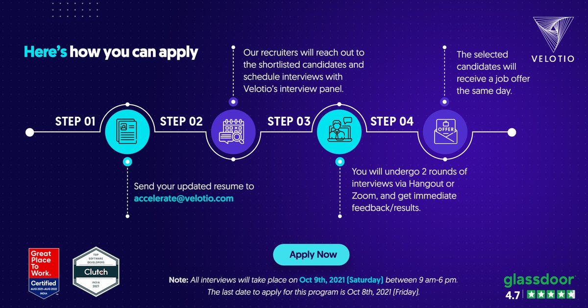velotiotech's tweet photo. Introducing Velotio Accelerate: One Day Virtual Hiring Program.

Calling all Backend Engineers (Python) and Data Engineers (ETL/Data Lake) to take part in our Virtual Hiring Program this Saturday, Oct 9th, 2021.

Apply now by sending your resume to accelerate@velotio.com. https://t.co/tt8S8Nc4Hd