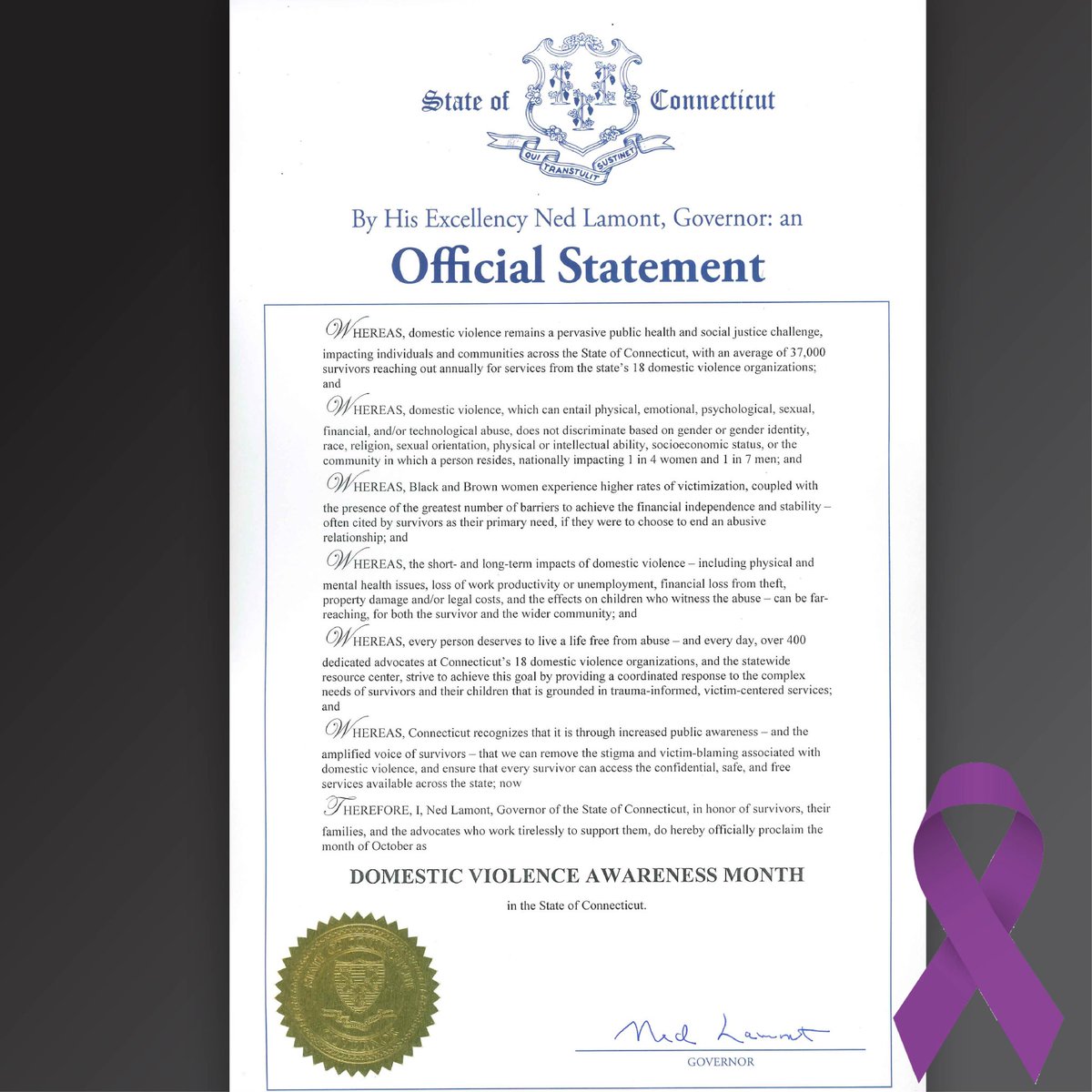 GovNedLamont's tweet photo. I am proud to mark October as #DomesticViolenceAwarenessMonth. 

Through increased public awareness and by amplifying the voices of survivors, we can help more people come forward, feel heard and supported, and remove the victim-blaming and stigma associated with #domsticabuse. https://t.co/hrWBy9bqVR