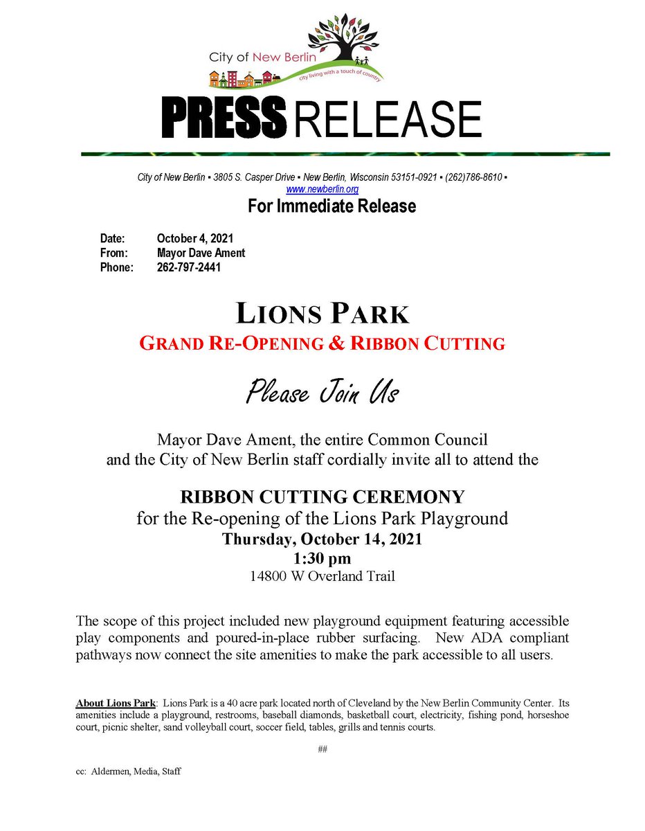 Lions Park Grand Re-Opening &amp; Ribbon Cutting is scheduled for October 14th!