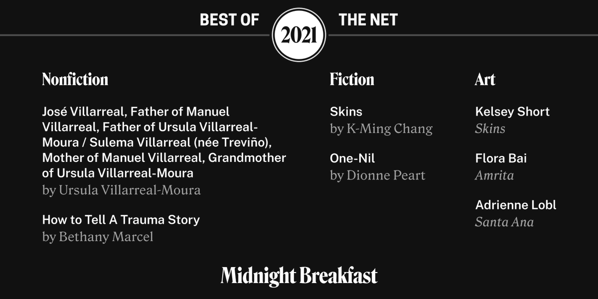 mbfast's tweet photo. ✨Excited today to announce our incredible 2021 Best of the Net nominees!!✨

Nonfiction:
@Ursulaofthebook 
@bethmarcel 

Fiction:
@k_mingchang 
@deepeart 

Art:
@kelseysshorts 
@FloraBaiArt 
@AdrienneLobl 

Congratulations to everyone and best of luck for #BestoftheNet!! https://t.co/LzCLU2zQ40