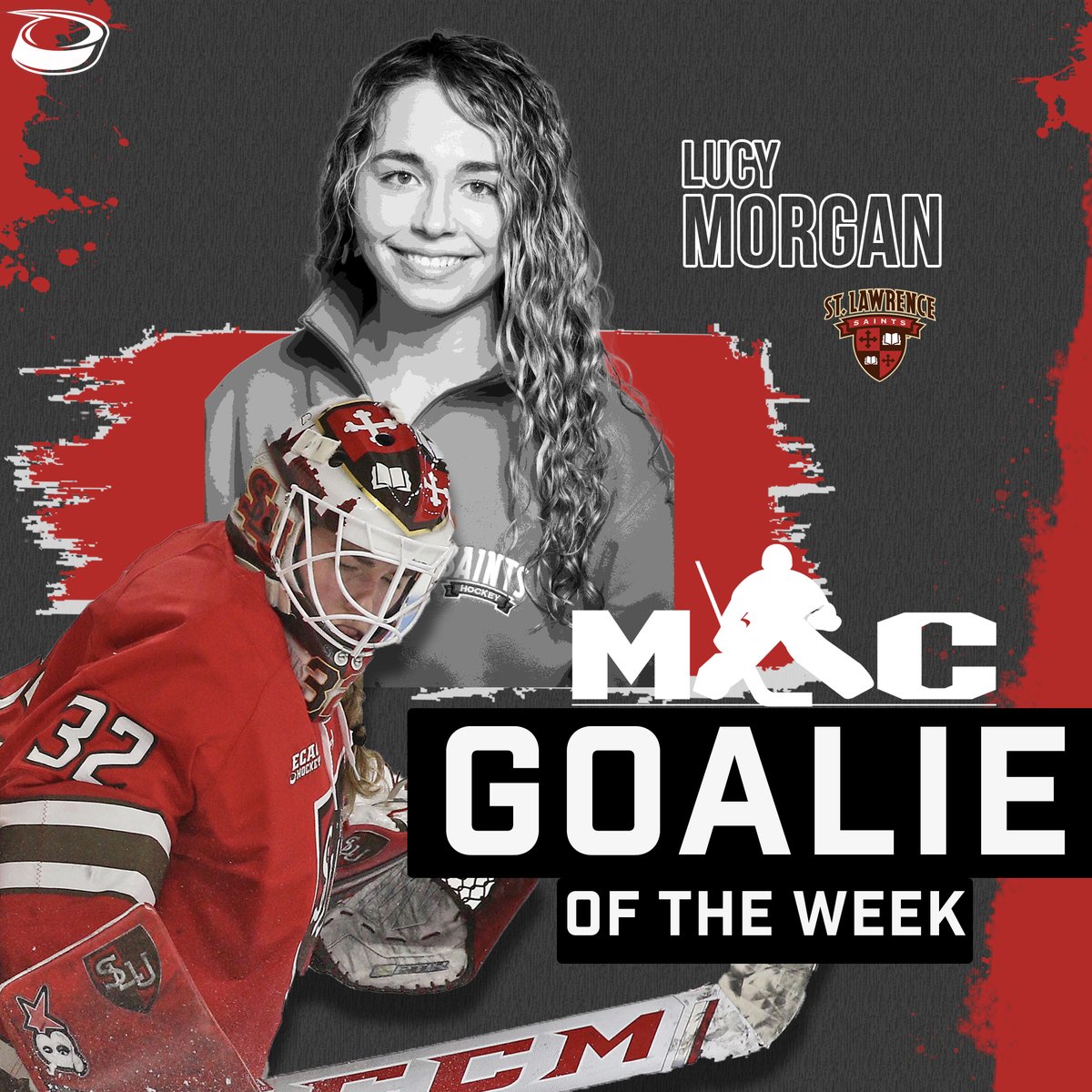 ecachockey's tweet photo. .@MACGoaltending GOALIE OF THE WEEK 🏅

Lucy Morgan continues to prove that she's one of the BEST goaltenders in the nation. The @SLU_whockey junior recorded 43 saves this weekend, going 1-0-1 with a 1.44 GAA and .935 save percentage. https://t.co/ljbWHXNfRI