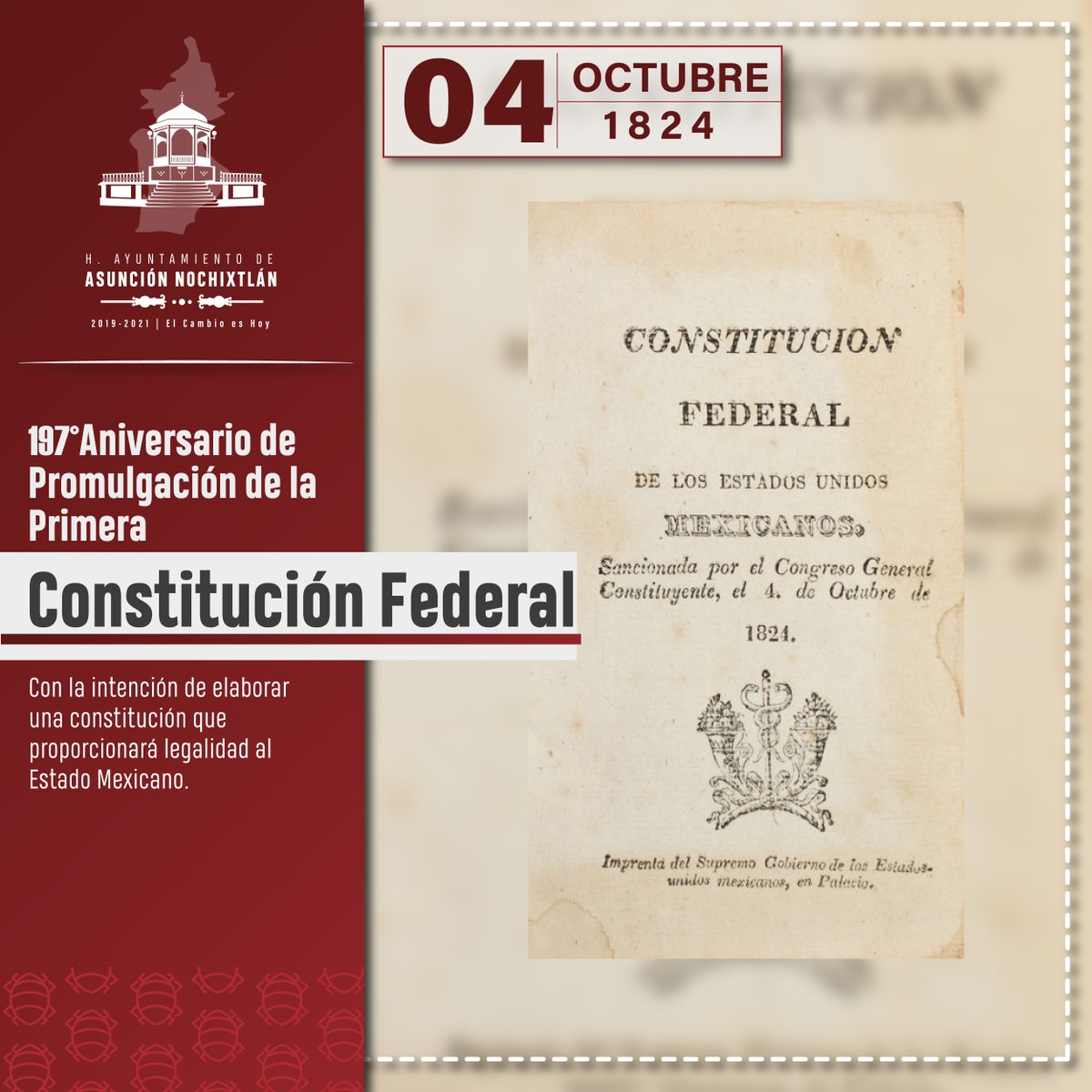 GobNochixtlan's tweet photo. #HoyenlaHistoria | Una vez consumada la Independencia de México, el 28 septiembre de 1821 se proclamó el Acta de Independencia Mexicana. La Constitución Federal de los Estados Unidos Mexicanos permaneció vigente desde octubre de 1824 hasta el 29 de diciembre de 1836. https://t.co/WNEr5LIr4l