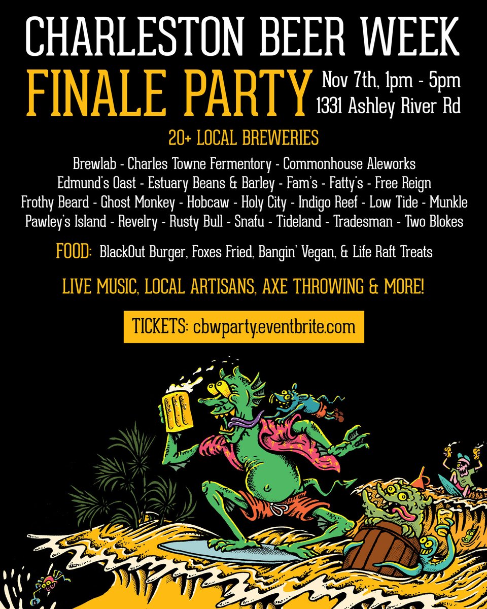 Charleston Beer Week (@chsbeerweek) on Twitter photo Shout out to <a href="/CHSFermentory/">Charles Towne Fermentory</a> for organizing our #chsbeerweek Finale Beer Fest this year! 20+ local breweries, food trucks, music + more! Tickets on sale now: cbwparty.eventbrite.com
#chsbeer #chs #chsevents #chsnews #charleston #craftbeer #beerfest Shout out to <a href="/CHSFermentory/">Charles Towne Fermentory</a> for organizing our #chsbeerweek Finale Beer Fest this year! 20+ local breweries, food trucks, music + more! Tickets on sale now: cbwparty.eventbrite.com
#chsbeer #chs #chsevents #chsnews #charleston #craftbeer #beerfest