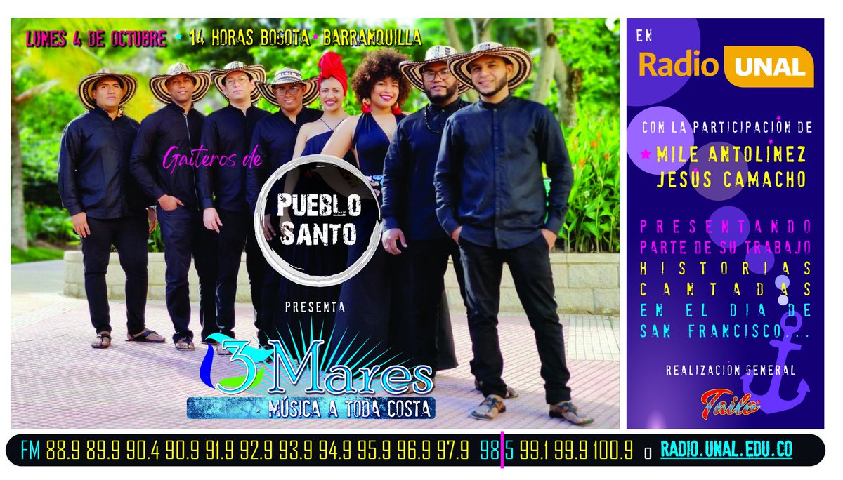 Lunes de #3MARES en <a href="/RadioUNAL/">Radio UNAL</a> desde Barranquilla y con juntanza de todo el Caribe hoy a las 2pm <a href="/gaiterosdeps/">Gaiteros de Pueblo Santo</a> gracias a <a href="/DYEKMAN/">Dyekman Rangel</a> hoy con las #HistoriasCantadas de esta institución de las tradiciones del Caribe #RealismoMágico del #UniversoDeLaGaita <a href="/malaquita17/">Martha Cecilia Herrera</a> <a href="/tatianaduplat/">Tatiana Duplat Ayala</a>