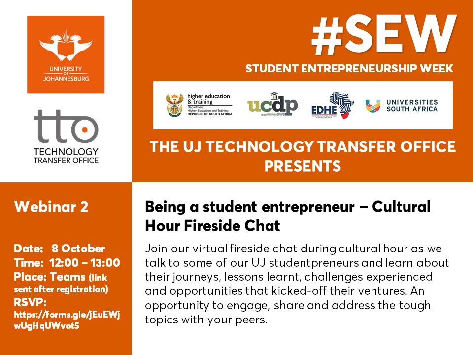 go2uj's tweet photo. Are you an aspiring or early stage entrepreneur? Join the UJ Technology Transfer Office as we engage with students on what it takes to be a student entrepreneur
https://t.co/Gf9plaHhYy
#UJTTO #UJLibrary #SEW https://t.co/2sGASie7Zf