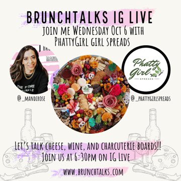 BrunchTalksMR's tweet photo. Join us on IG live this Wends evening 6:30pm. I’ll be talking with PhattyGirl Girl Spreads!! Wine, cheese, and charcuterie boards!! #podcast #charcuterie https://t.co/DpztTfL6O9