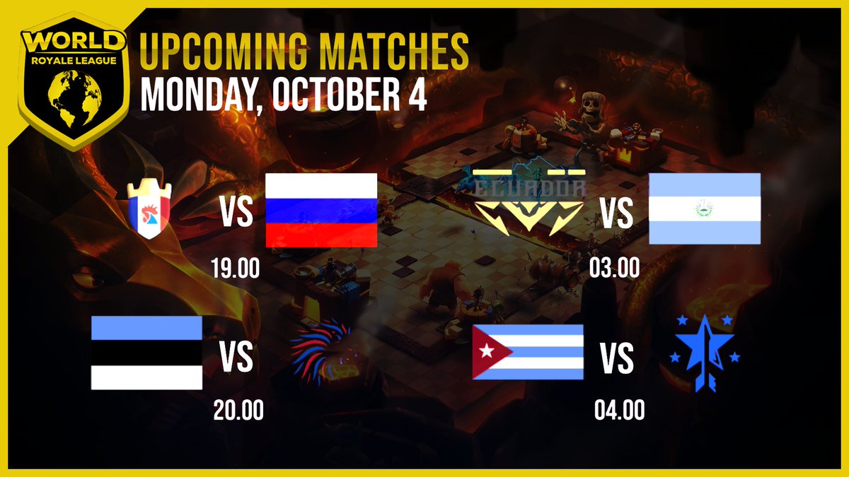 World Royale League (@worldleaguecr) on Twitter photo 📅Upcoming Matches Monday October 4th
All Match Times in CEST
🕑19:00 🇫🇷 <a href="/TeamFranceCR/">Équipe de France ⭐</a> vs <a href="/TeamRussiaWP/">Team Russia</a>🇷🇺
🕑20:00 🇪🇪 <a href="/teamestoniacr/">Team Estonia CR</a> vs <a href="/TeamUK_CR/">Team UK</a>🇬🇧
🕑03:00 🇪🇨 <a href="/EcuadorCR_/">Selección de Ecuador CR</a> vs <a href="/ElSalvador_CR/">Selección de El Salvador CR</a>🇸🇻
🕑04:00 🇨🇺 <a href="/equipocuba_cr/">Selección Cubana 🇨🇺 de Clash Royale</a> vs <a href="/SelHondurasCR/">Team Honduras</a>🇭🇳 📅Upcoming Matches Monday October 4th
All Match Times in CEST
🕑19:00 🇫🇷 <a href="/TeamFranceCR/">Équipe de France ⭐</a> vs <a href="/TeamRussiaWP/">Team Russia</a>🇷🇺
🕑20:00 🇪🇪 <a href="/teamestoniacr/">Team Estonia CR</a> vs <a href="/TeamUK_CR/">Team UK</a>🇬🇧
🕑03:00 🇪🇨 <a href="/EcuadorCR_/">Selección de Ecuador CR</a> vs <a href="/ElSalvador_CR/">Selección de El Salvador CR</a>🇸🇻
🕑04:00 🇨🇺 <a href="/equipocuba_cr/">Selección Cubana 🇨🇺 de Clash Royale</a> vs <a href="/SelHondurasCR/">Team Honduras</a>🇭🇳