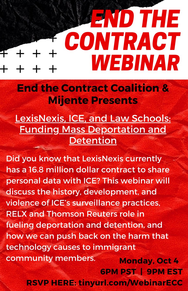NLG students &amp; allies from various schools have launched the #EndTheContract coalition to demand an end to schools’ affiliations with ICE. They’ll be hosting a webinar TONIGHT at 6PM PST / 9 PM EST. Register and learn more at tinyurl.com/webinarECC