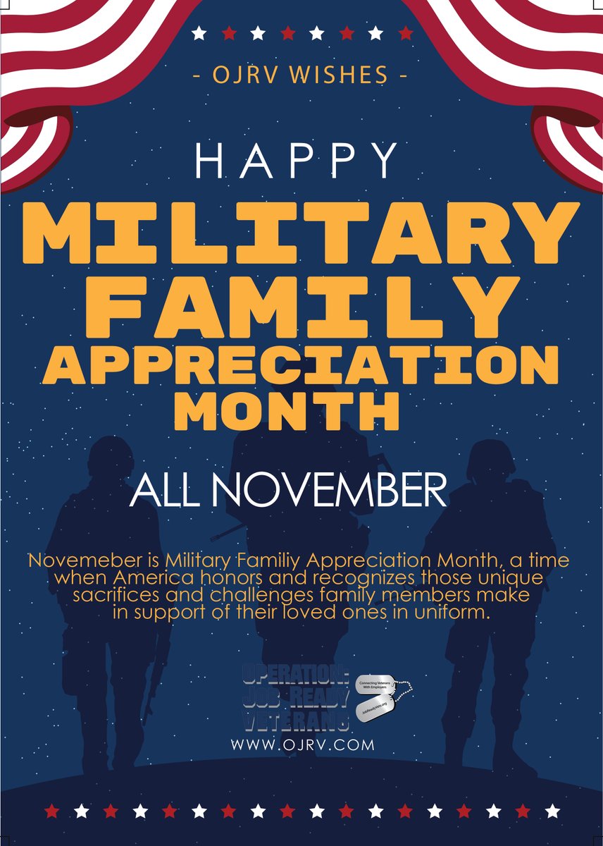 OJRV WISHES EVERYONE A HAPPY MILITARY FAMILY MONTH!

November is Military Family Appreciation Month—a time when America honors and recognizes those unique sacrifices and challenges family members make in support of their loved ones in uniform.

#military #militaryfamilies
