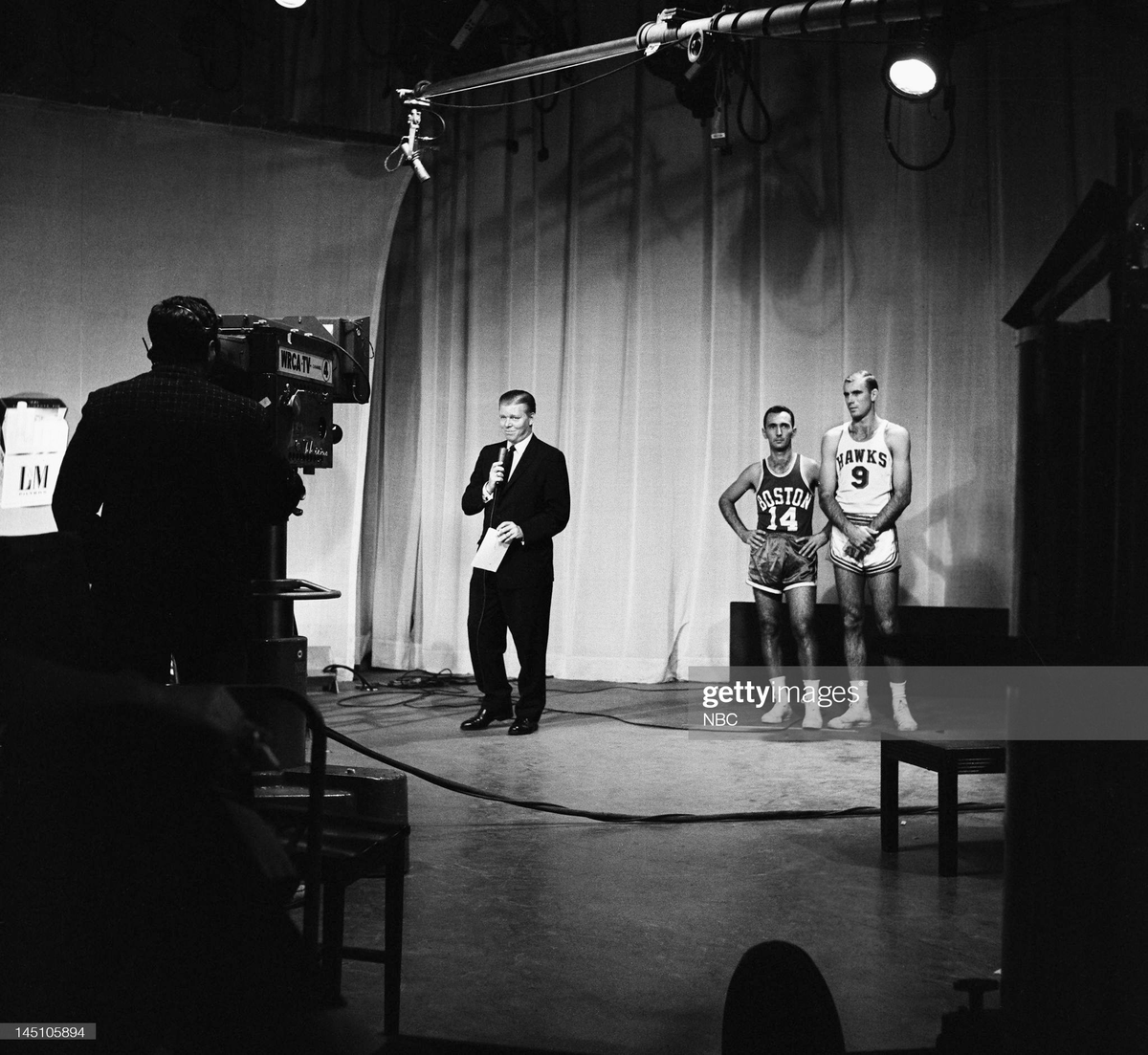 Two of the most slept-on superstars in nba history, Bob Cousy and Bob Pettit with host Jack Lescoulie on the TV show 