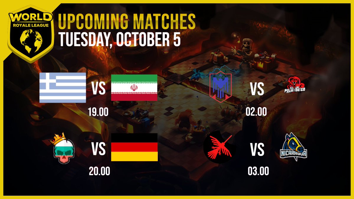 World Royale League (@worldleaguecr) on Twitter photo 📅Upcoming Matches Tuesday October 5th
All Match Times in CEST
🕑19:00 🇬🇷 <a href="/TeamGR_CR/">Team Greece CR</a> vs @rageteam_ir🇮🇷
🕑20:00 🇧🇬 <a href="/TeamBulgariaCR/">Team Bulgaria</a> vs @teammilitarygg🇩🇪
🕑02:00 🇩🇴 <a href="/SeleccionRD_CR/">Seleccion Dominicana CR 🇩🇴</a> vs <a href="/TeampuertoricoC/">TeamPuertoRico CR</a>🇵🇷
🕑03:00 🇵🇪 <a href="/SeleccionPE/">Selección Perú CR</a> vs <a href="/CrNicaragua/">Nicaragua Esports</a>🇳🇮 📅Upcoming Matches Tuesday October 5th
All Match Times in CEST
🕑19:00 🇬🇷 <a href="/TeamGR_CR/">Team Greece CR</a> vs @rageteam_ir🇮🇷
🕑20:00 🇧🇬 <a href="/TeamBulgariaCR/">Team Bulgaria</a> vs @teammilitarygg🇩🇪
🕑02:00 🇩🇴 <a href="/SeleccionRD_CR/">Seleccion Dominicana CR 🇩🇴</a> vs <a href="/TeampuertoricoC/">TeamPuertoRico CR</a>🇵🇷
🕑03:00 🇵🇪 <a href="/SeleccionPE/">Selección Perú CR</a> vs <a href="/CrNicaragua/">Nicaragua Esports</a>🇳🇮