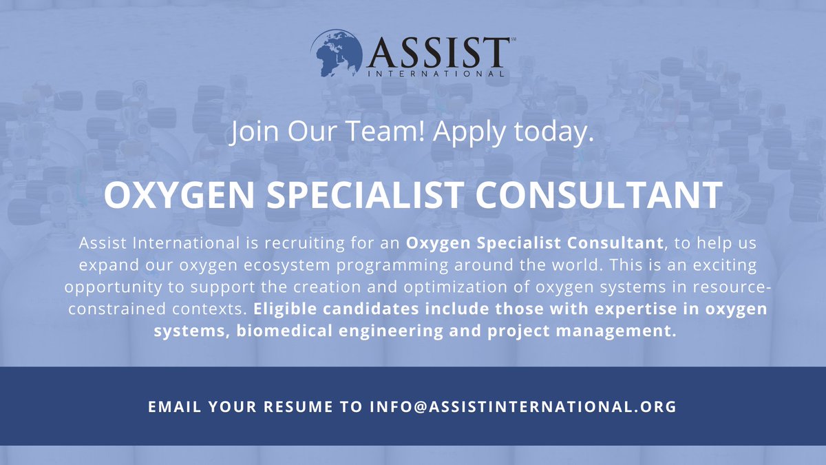 Opportunity Alert: Oxygen Specialist Consultant!
 
Help us expand our #oxygen ecosystem programming worldwide by supporting the creation &amp; optimization of oxygen systems in resource-constrained contexts. 

Apply today! info@assistinternational.org 
@Stop_Pneumonia <a href="/JustACTIONS/">JustACTIONS</a>