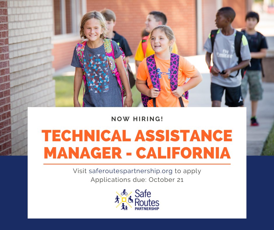 We're hiring! Join Safe Routes Partnership as a Technical Assistance Manager – California. Application deadline is Thursday, October 21. More info: bit.ly/3mezzH6
