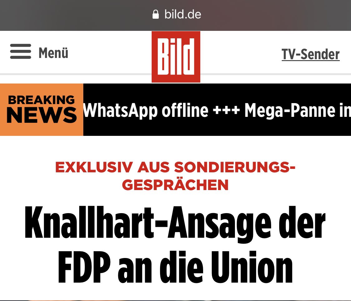 #WhatsApp überlastet, weil zu viele Teilnehmer aus dem Verhandlungsteam der Union gleichzeitig aus Sondierungsgesprächen vertrauliche Infos durchstechen wollen.