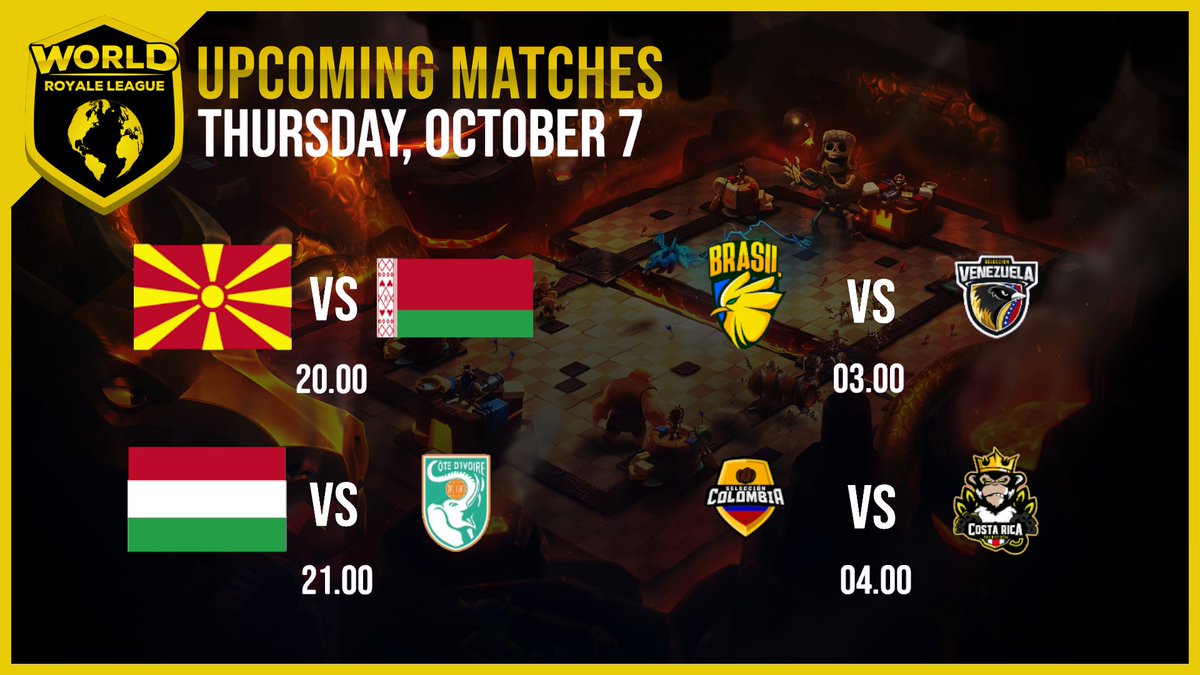 World Royale League (@worldleaguecr) on Twitter photo 📅Upcoming Matches Thursday October 7th
All Match Times in CEST
🕑20:00 🇲🇰 <a href="/Macedonia_CR/">Team Macedonia</a> vs <a href="/TeamBelarusCR/">Team Belarus</a>🇧🇾
🕑21:00 🇭🇺 <a href="/TeamHungaryCR/">Team Hungary</a> vs <a href="/TeamElephantsGG/">Team CIV</a>🇨🇮
🕑03:00 🇧🇷 <a href="/SelBrasilCR/">Sel. Brasileira CR</a> vs @Seleccionvzlacr🇻🇪
🕑04:00 🇨🇴 <a href="/SelColEsports/">Seleccion Colombia Esports</a> vs <a href="/Sel_Costa_Rica/">Team Costa Rica</a>🇨🇷 📅Upcoming Matches Thursday October 7th
All Match Times in CEST
🕑20:00 🇲🇰 <a href="/Macedonia_CR/">Team Macedonia</a> vs <a href="/TeamBelarusCR/">Team Belarus</a>🇧🇾
🕑21:00 🇭🇺 <a href="/TeamHungaryCR/">Team Hungary</a> vs <a href="/TeamElephantsGG/">Team CIV</a>🇨🇮
🕑03:00 🇧🇷 <a href="/SelBrasilCR/">Sel. Brasileira CR</a> vs @Seleccionvzlacr🇻🇪
🕑04:00 🇨🇴 <a href="/SelColEsports/">Seleccion Colombia Esports</a> vs <a href="/Sel_Costa_Rica/">Team Costa Rica</a>🇨🇷