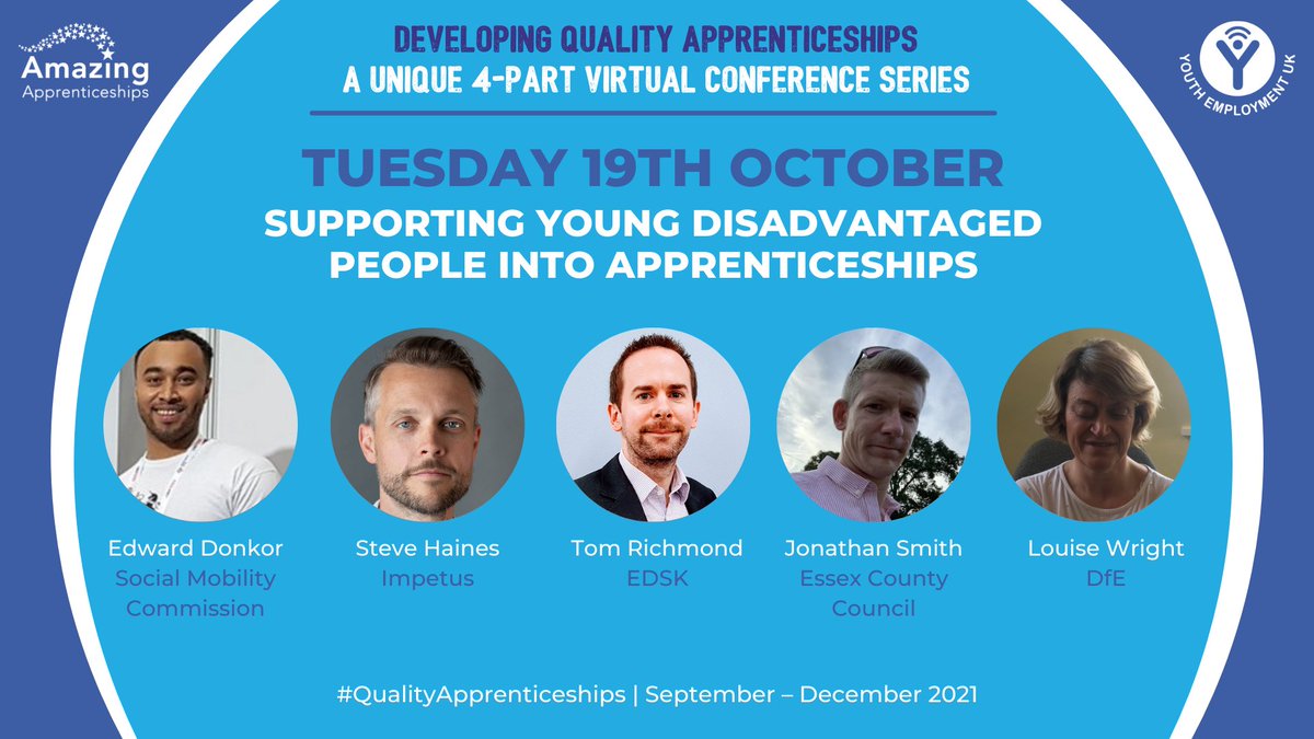 Interested in supporting young, disadvantaged people into #apprenticeships?

Join speakers from @SMCommission, @ImpetusPEF, EDSK, @Essex_CC & @educationgovuk to understand and explore how your organisation can affect change for the better.

Book now: tinyurl.com/dur8dbrh