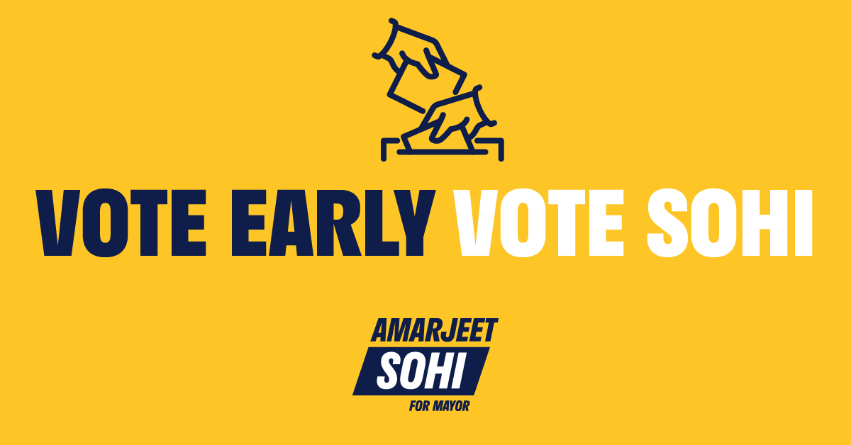AmarjeetSohiYEG's tweet photo. Advance voting opens today! From October 4 until October 13, you can skip the lines and avoid the crowds by casting your vote early.

✅ I hope I can count on you to vote #SohiForMayor

Find your voting station ➡️ https://t.co/nZi4HEiti2 https://t.co/Mtr1PuArXB