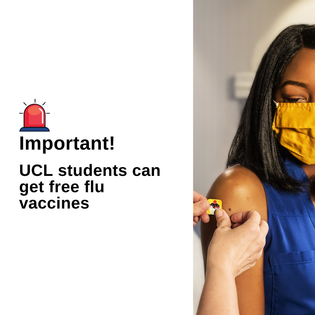 uclsupport's tweet photo. UCL students can get a free flu vaccination on a first come, first served basis. All UCL students currently in he UK are eligible for a voucher to use by January 2022. Request a voucher now https://t.co/iMtOl8FJIW https://t.co/kLjLY5VcZA