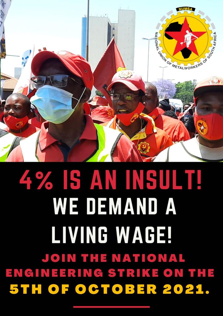 Numsa_Media's tweet photo. NUMSA will be marching to the offices of the MEIBC on Tuesday the 5th of October 2021 as part of the first day of action for the #NationalEngineeringStrike. Marches will also be taking place in EC, WC, KZN and Northern Cape.
.@IrvinJimSA
.@SAFTU_media
.@peoplesdispatch https://t.co/l2cqNvjUPj