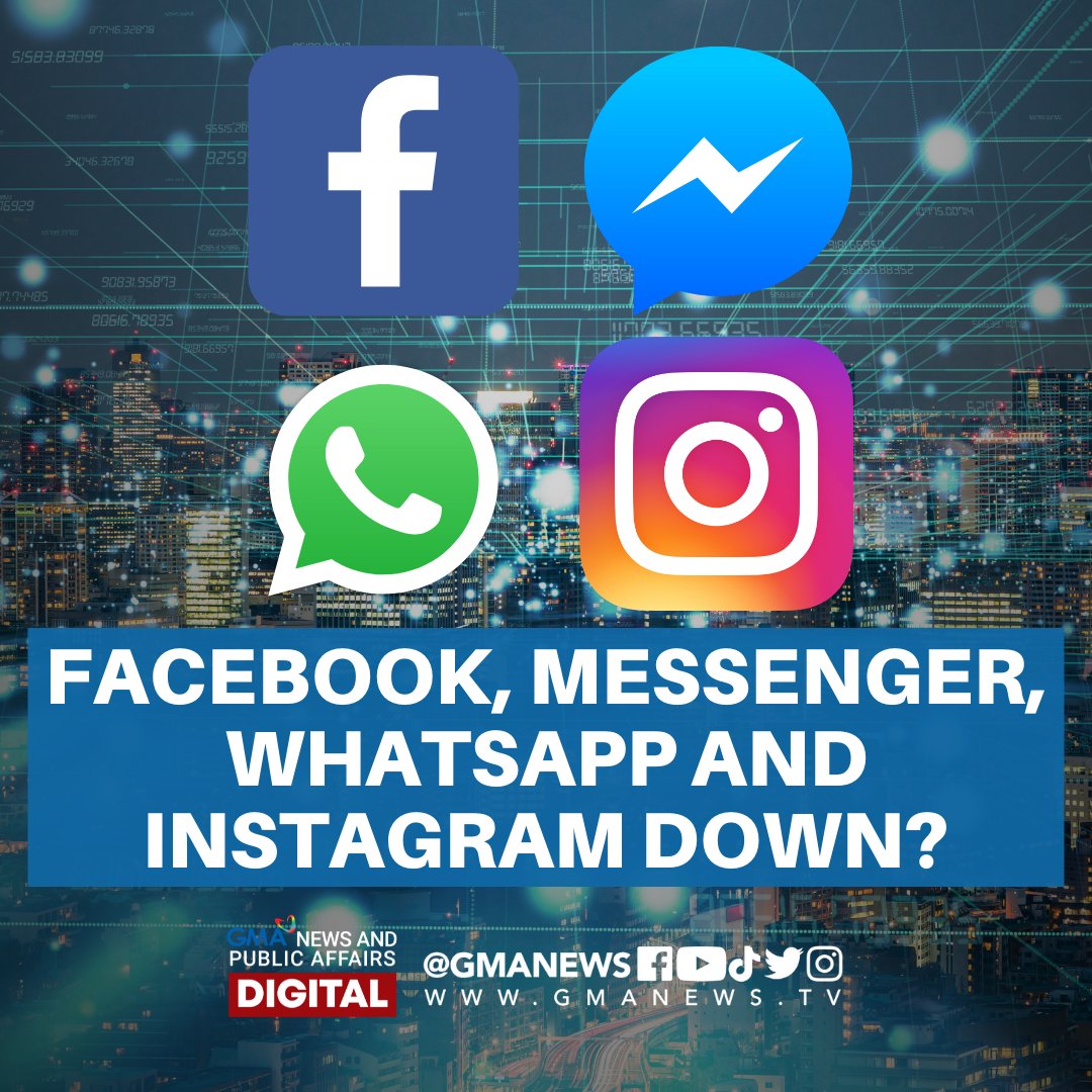 gmanews's tweet photo. FACEBOOK, MESSENGER, WHATSAPP AT INSTAGRAM DOWN?

Mga Kapuso, ilang netizens ang nakararanas ng error sa paggamit ng Facebook, Messenger, WhatsApp at Instagram ngayong gabi.

Nakararanas din ba kayo ng error ngayon? 

Bisitahin ang https://t.co/dIF7TNbIUS para sa ibang detalye https://t.co/SllzsFzcXy
