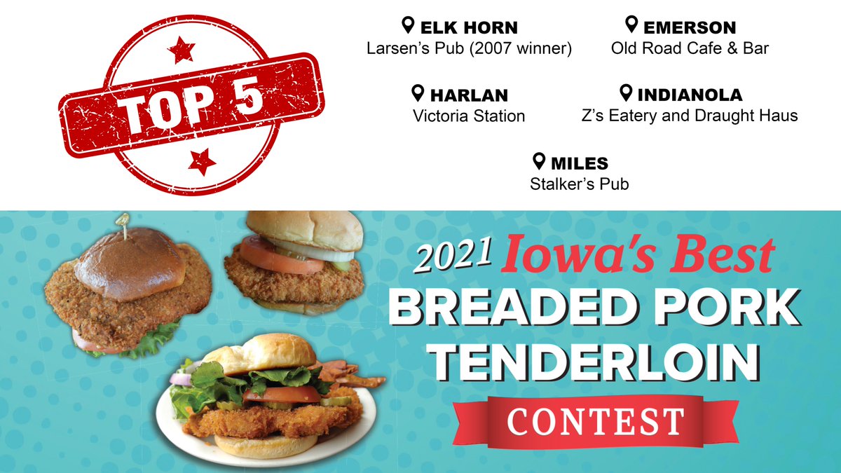 😋🤤 JUST IN: Top 5 finalists for Iowa's Best Breaded Pork Tenderloin! 🐷
📍 ELK HORN — Larsen's Pub (2007 winner)
📍 EMERSON — Old Road Cafe &amp; Bar
📍 HARLAN — @VictoriaStatio5 
📍 INDIANOLA — Z's Eatery and Draught Haus
📍 MILES — Stalker's Pub
Winner announced later this month!